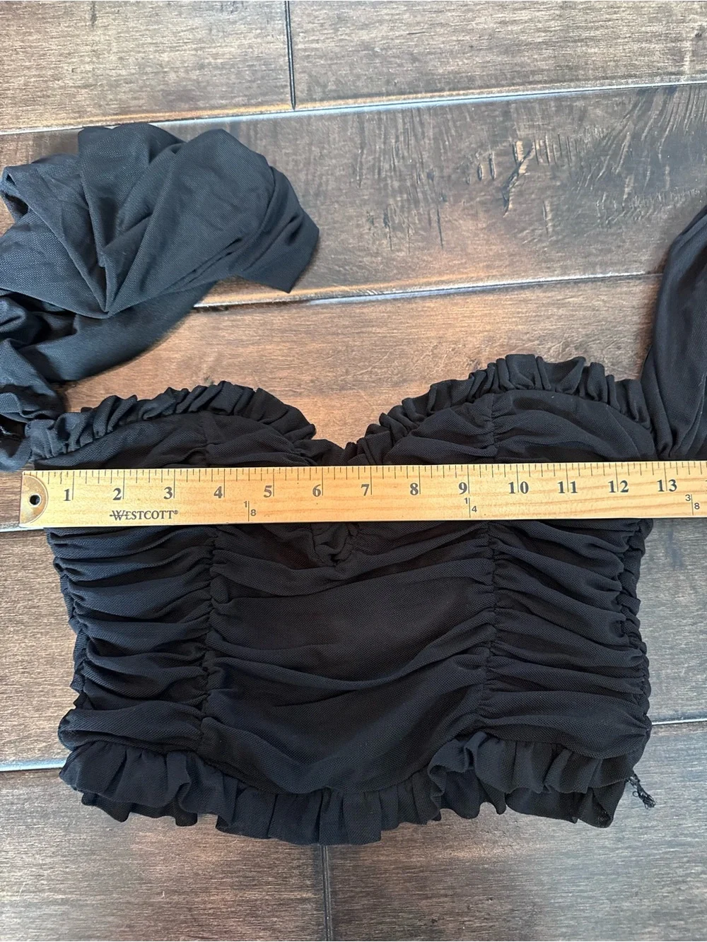 MABLE Black Ruched Mesh Off The Shoulder Crop Top Romantic Coquette Size